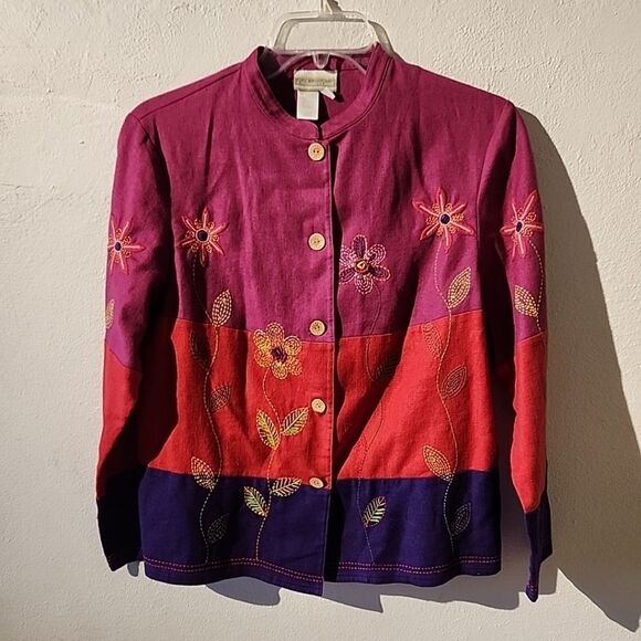 Coldwater Creek Sz M Blazer Jacket Embroidered Floral Button Front Purple - Picture 1 of 5